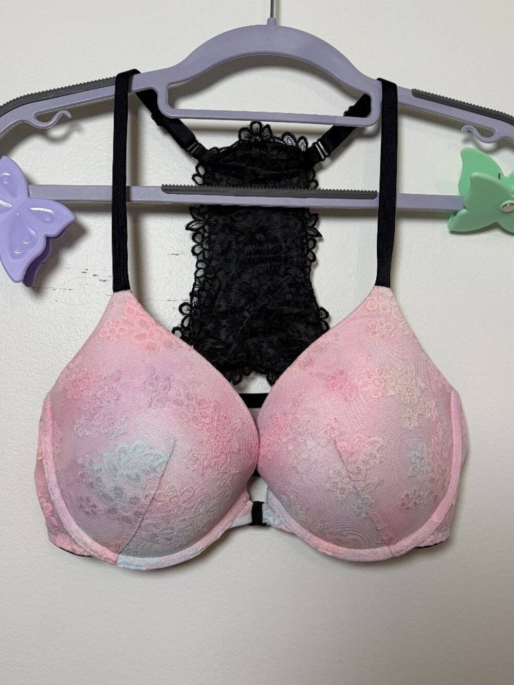 Victoria's Secret PINK Floral Lace Racerback Push Up Bra Size 32DD F70 Coquette